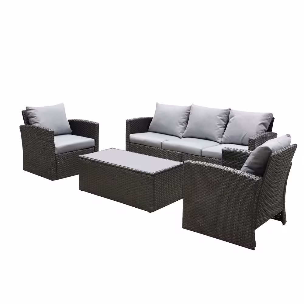 None 4-Piece Wicker Patio Conversation Set with Gray Cushion
