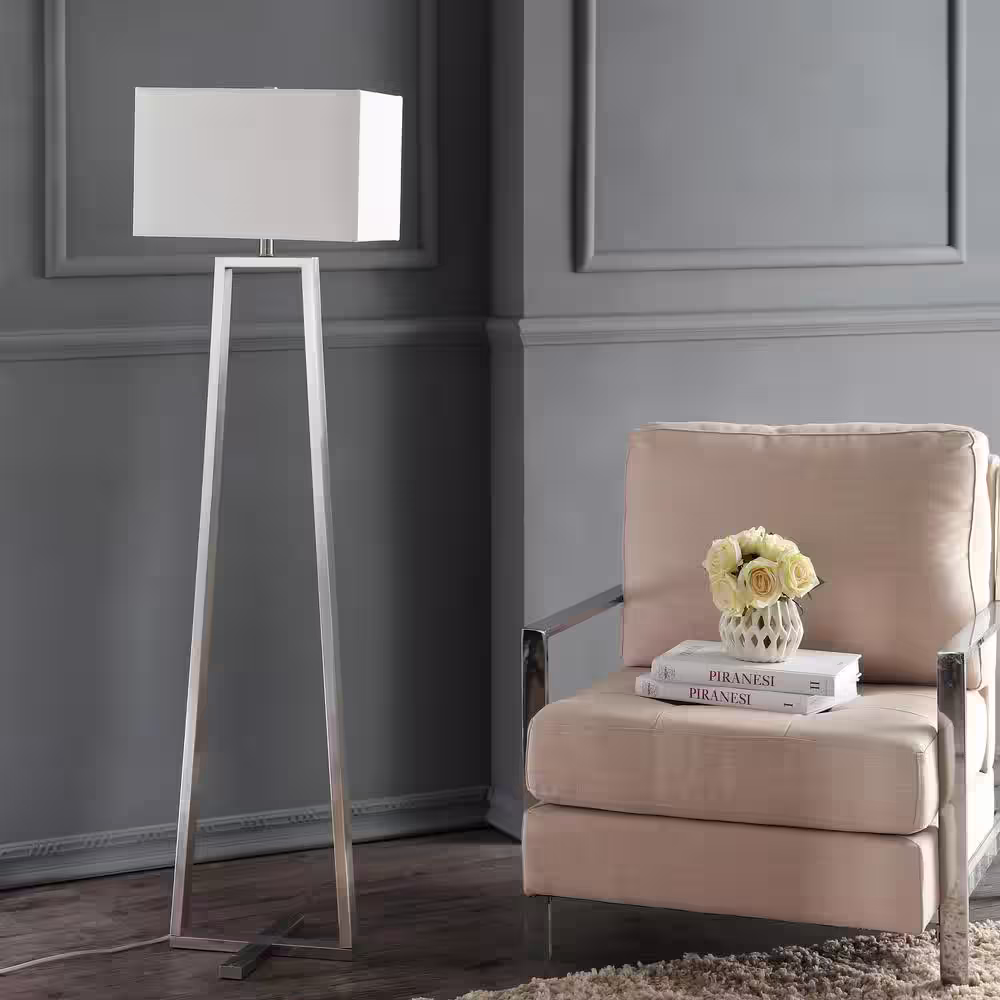 SAFAVIEH Lyell 60 in. Nickel Triangle Floor Lamp with White Shade