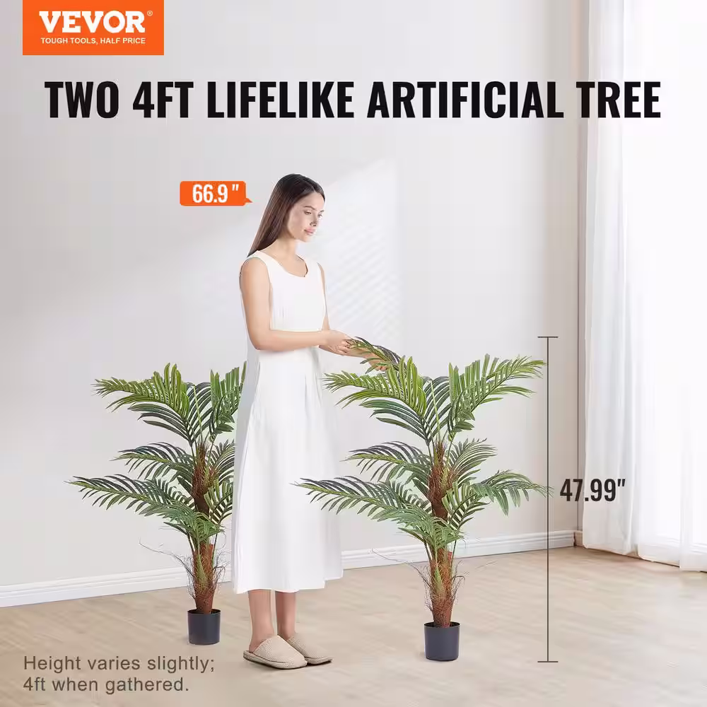 VEVOR Artificial âPalm Tree 4 ft. Tall Faux Plant with 10-Artificial Leaves and Moss-Covered Potting Soil Lifelike Fake Tree
