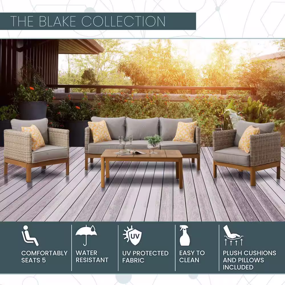 Hanover Blake 4-Piece Wicker Patio Conversation Deep Seating Set with Gray Cushions with All-Weather, Wood Accents