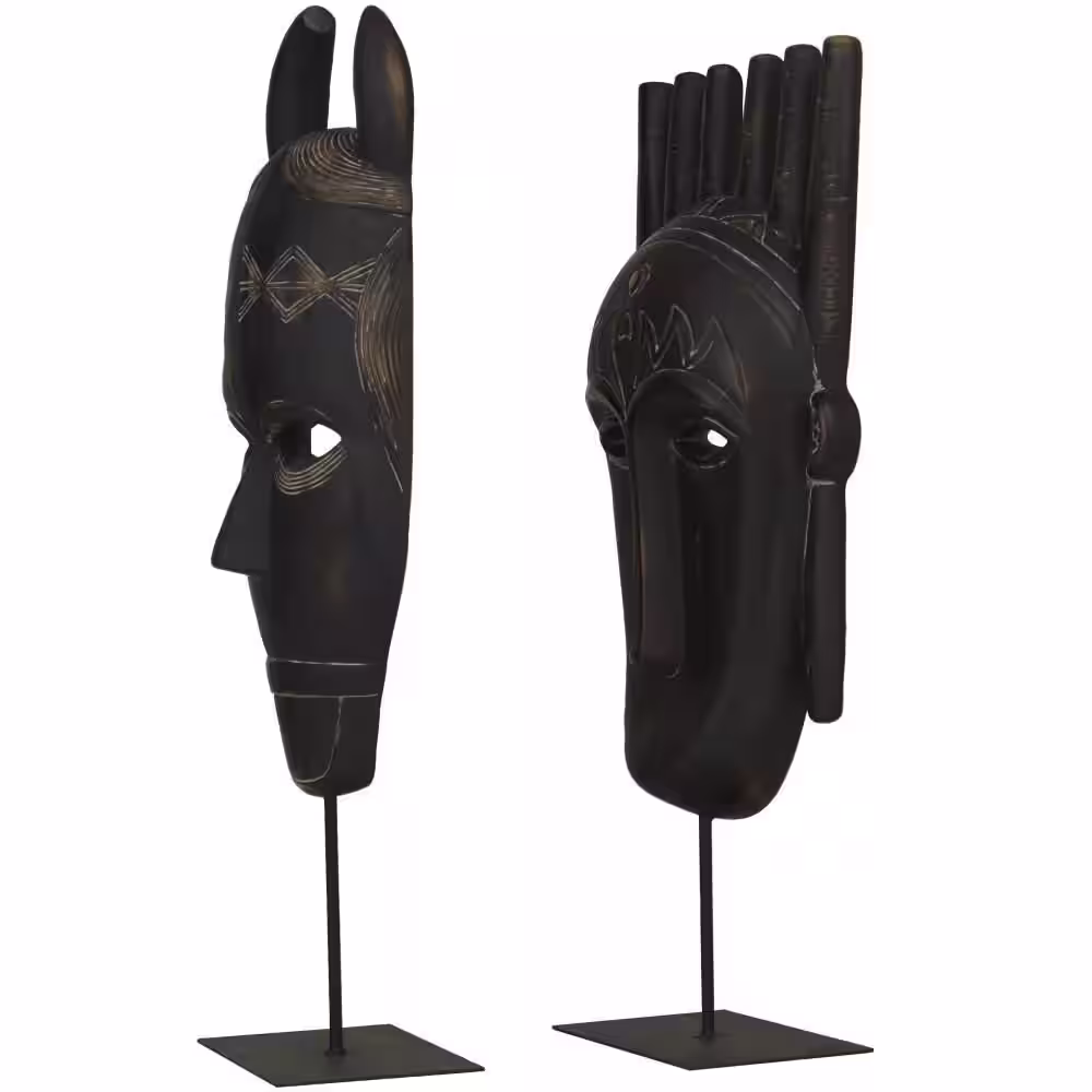 Litton Lane Black Polystone Handmade Carved Mask Sculpture (Set of 2)
