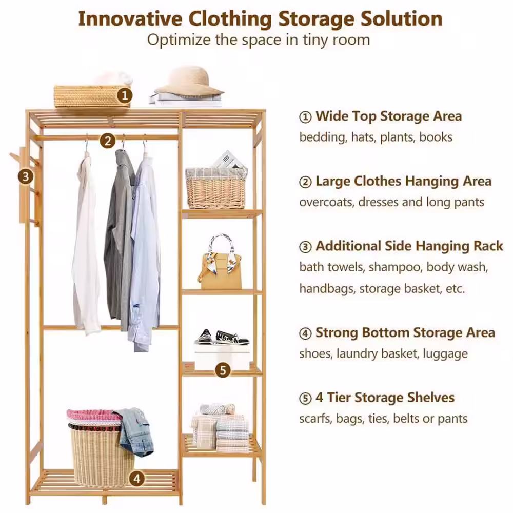 None Brown Bamboo Garment Clothes Rack 35 in. W x 57 in. H