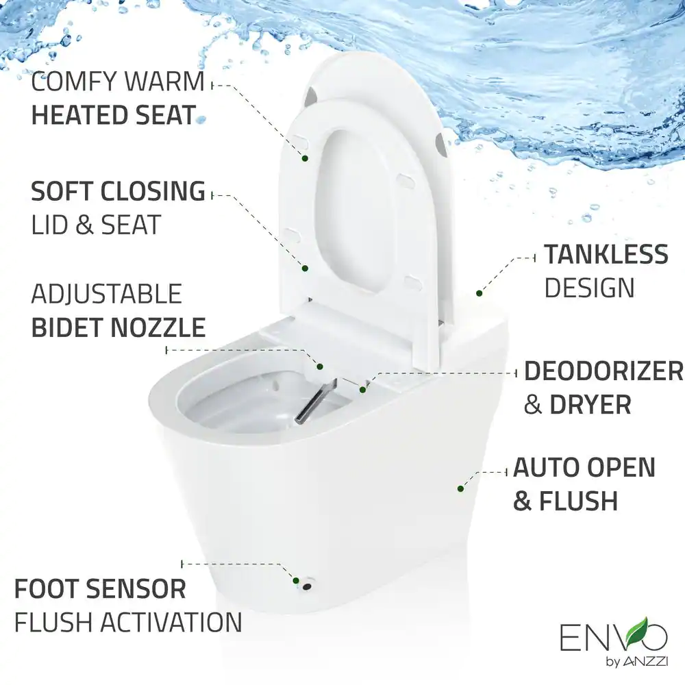 ANZZI ENVO Echo Elongated Smart Toilet Bidet in White with Auto Open, Auto Close, Auto Flush, Heated Seat and Remote