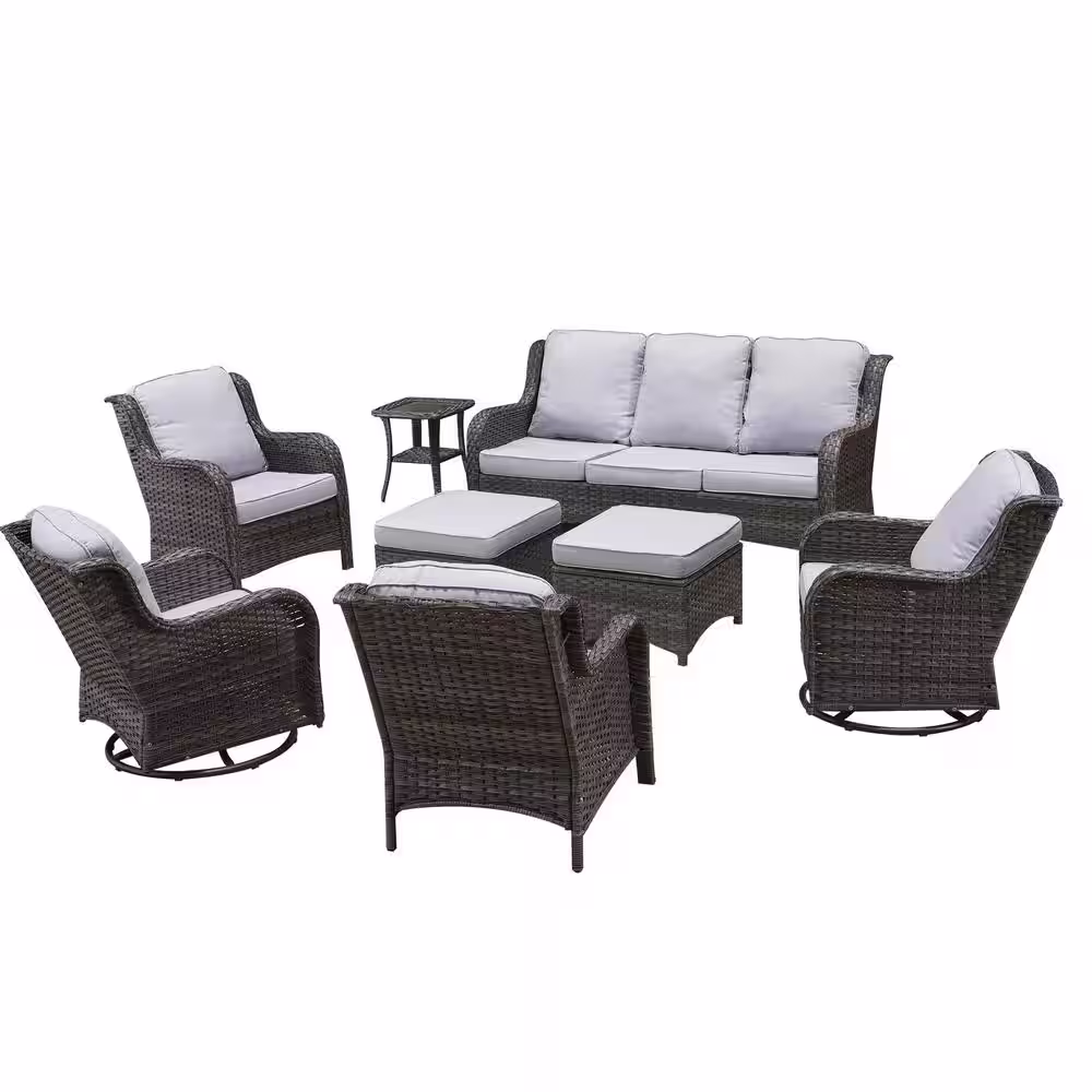 XIZZI Moonlight Gray 8-Piece Wicker Patio Conversation Seating Sofa Set with Gray Cushions and Swivel Rocking Chairs