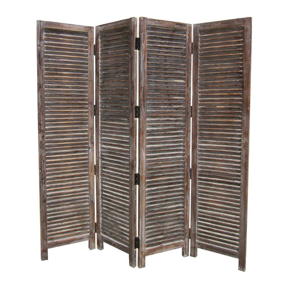 Benjara Weathered Brown 3-Panel Room Divider with Shutter Design