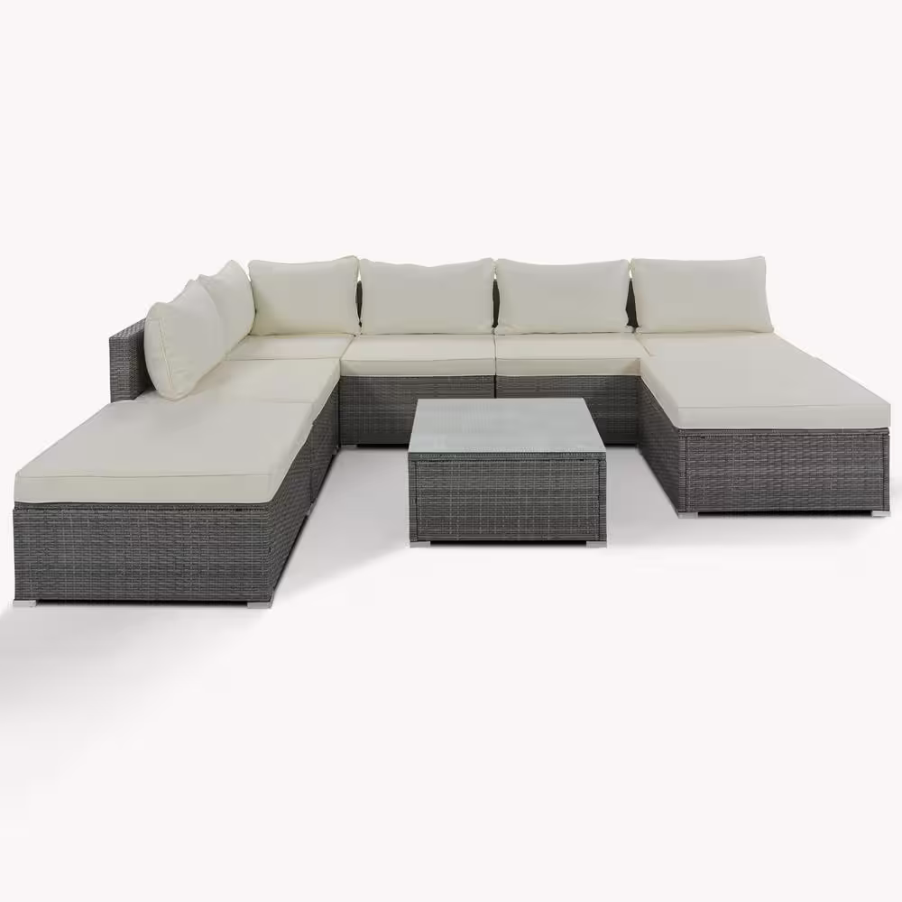 None Gray 8-Pieces Outdoor PE Wicker Patio Furniture Set Garden Conversation Sofa Set with Beige Cushions