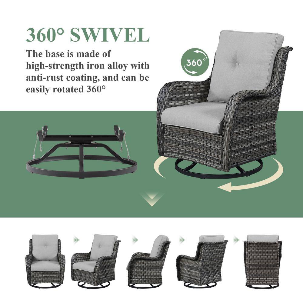 Pocassy Gray 3-Piece Wicker Patio Conversation Deep Seating Set with Gray Cushions All-Weather Swivel Rocking Chairs