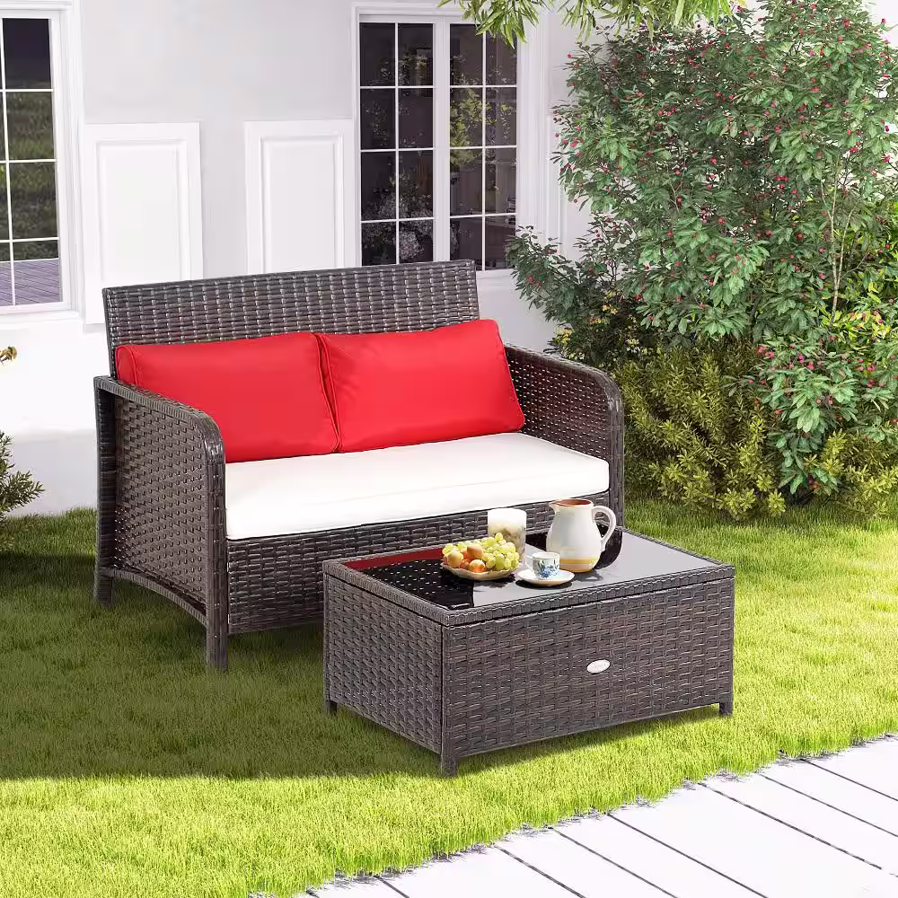 Costway 2-Piece Rattan Wicker Patio Conversation Love-seat Coffee Table Set Cushioned Bench Garden Deck