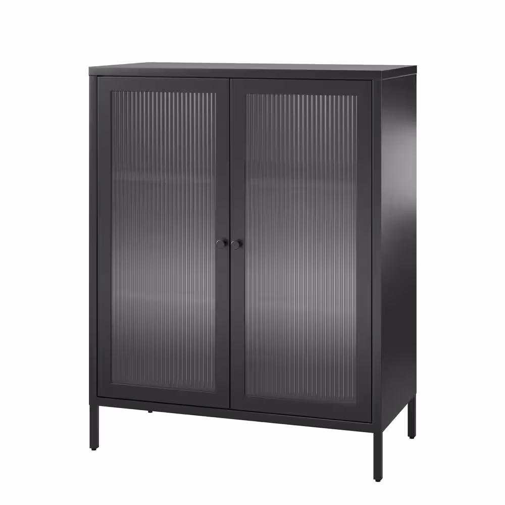 None Ashbury Heights 31.5 in. W Wood Closet System with Fluted Glass Metal Locker, Black