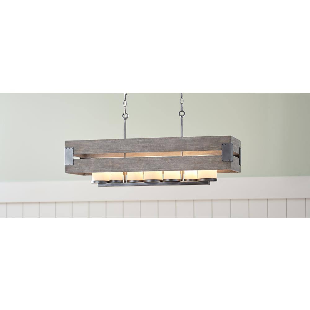 Home Decorators Collection Ackwood 7-Light Grey Wood Rectangular Chandelier with White Opal Glass Shades