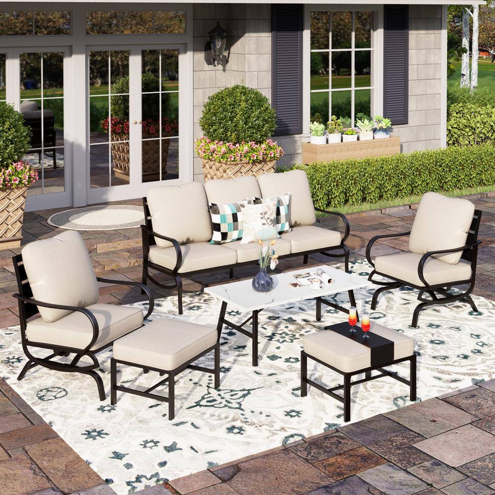 None Black Slatted 7-Seat 6-Piece Metal Outdoor Patio Conversation Set with Beige Cushions and Table with Marble Pattern Top