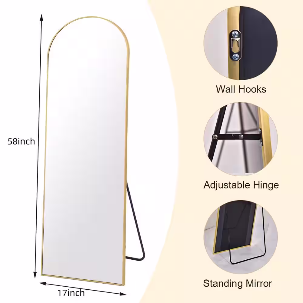 XRAMFY 17 in. W x 58 in. H Arched Gold Modern Aluminum Alloy Framed Full Length Mirror Floor Mirror