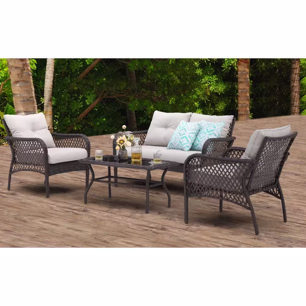 Nuu Garden 4-Piece Rattan Wicker Patio Conversation Set Outdoor Sofa Set in Brown with Beige Cushions