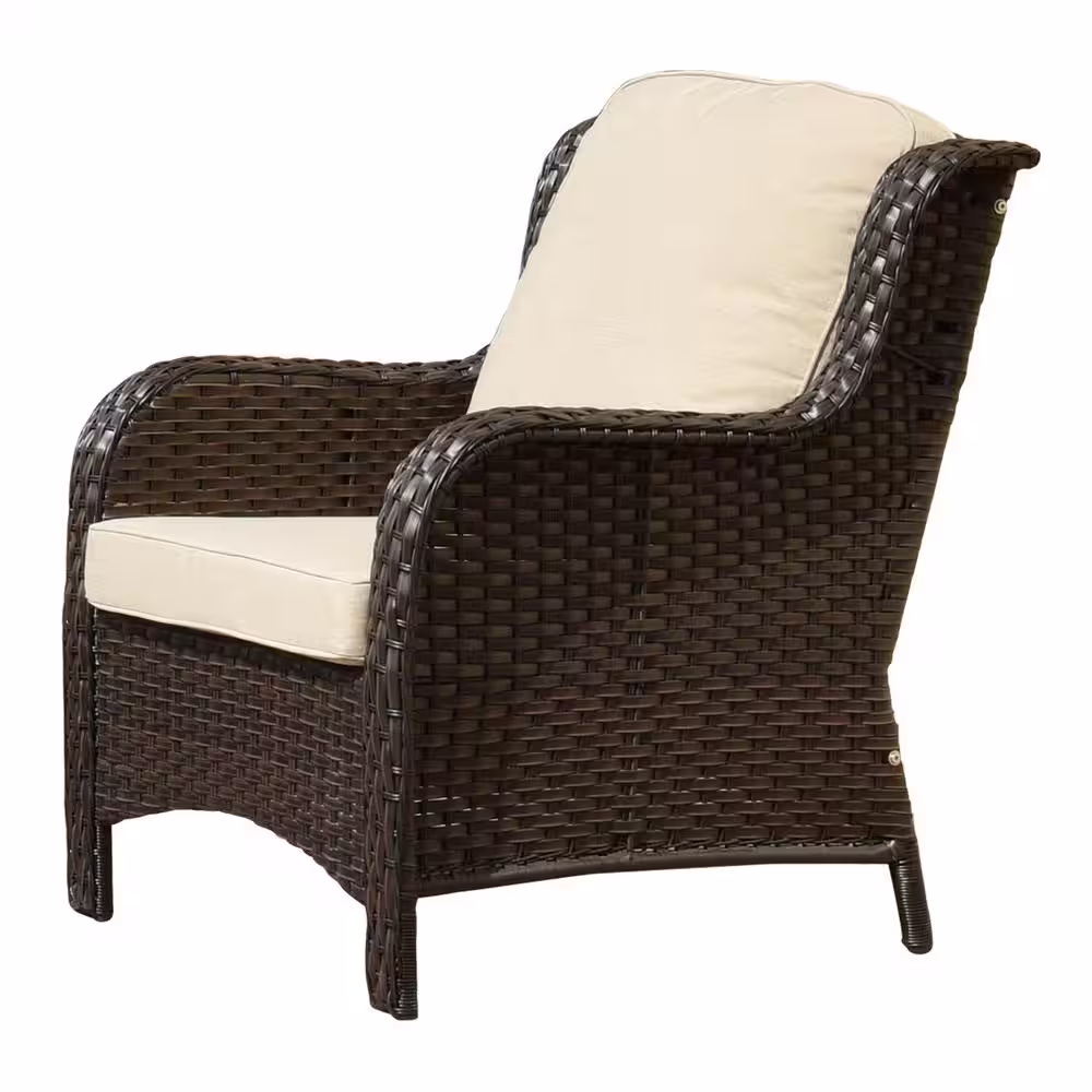 OVIOS Joyoung Brown 3-Piece Wicker outdoor Patio Sectional Conversation Seating Set with Beige Cushions