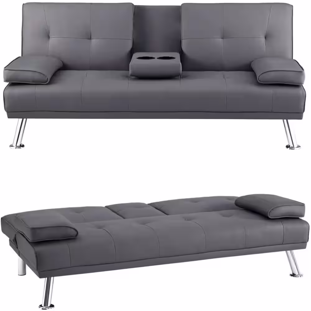MAYKOOSH Gray, Futon Sofa Bed Faux Leather Futon Couch with Armrest and 2-Cupholders, Sofa Bed Couch Convertible with Metal Legs