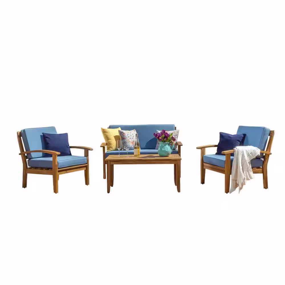 Noble House Galilea Teak Finish 4-Piece Wood Patio Conversation Set with Blue Cushions