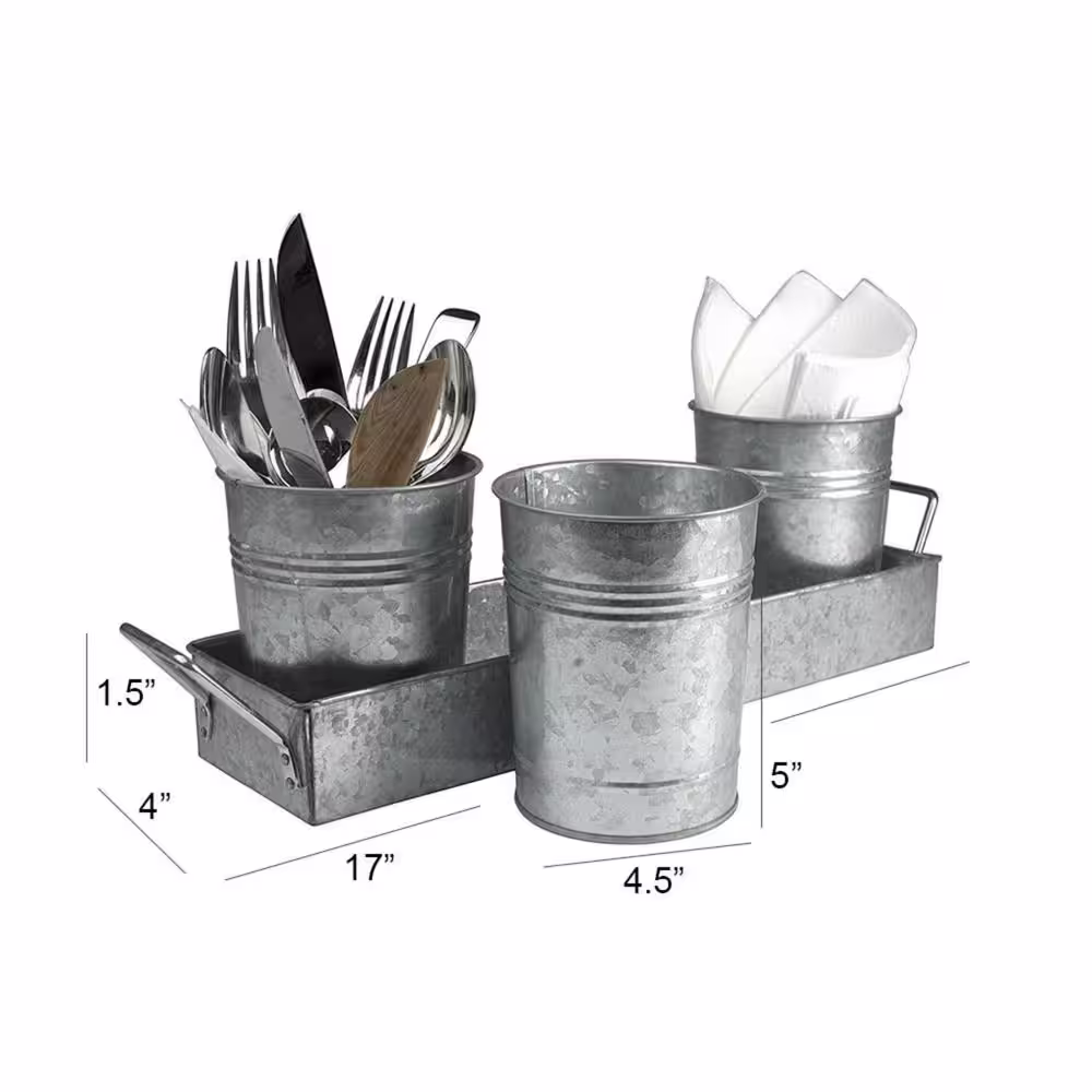 Aoibox Galvanized Set of Three Gray Metal Utensil Caddy with Tray