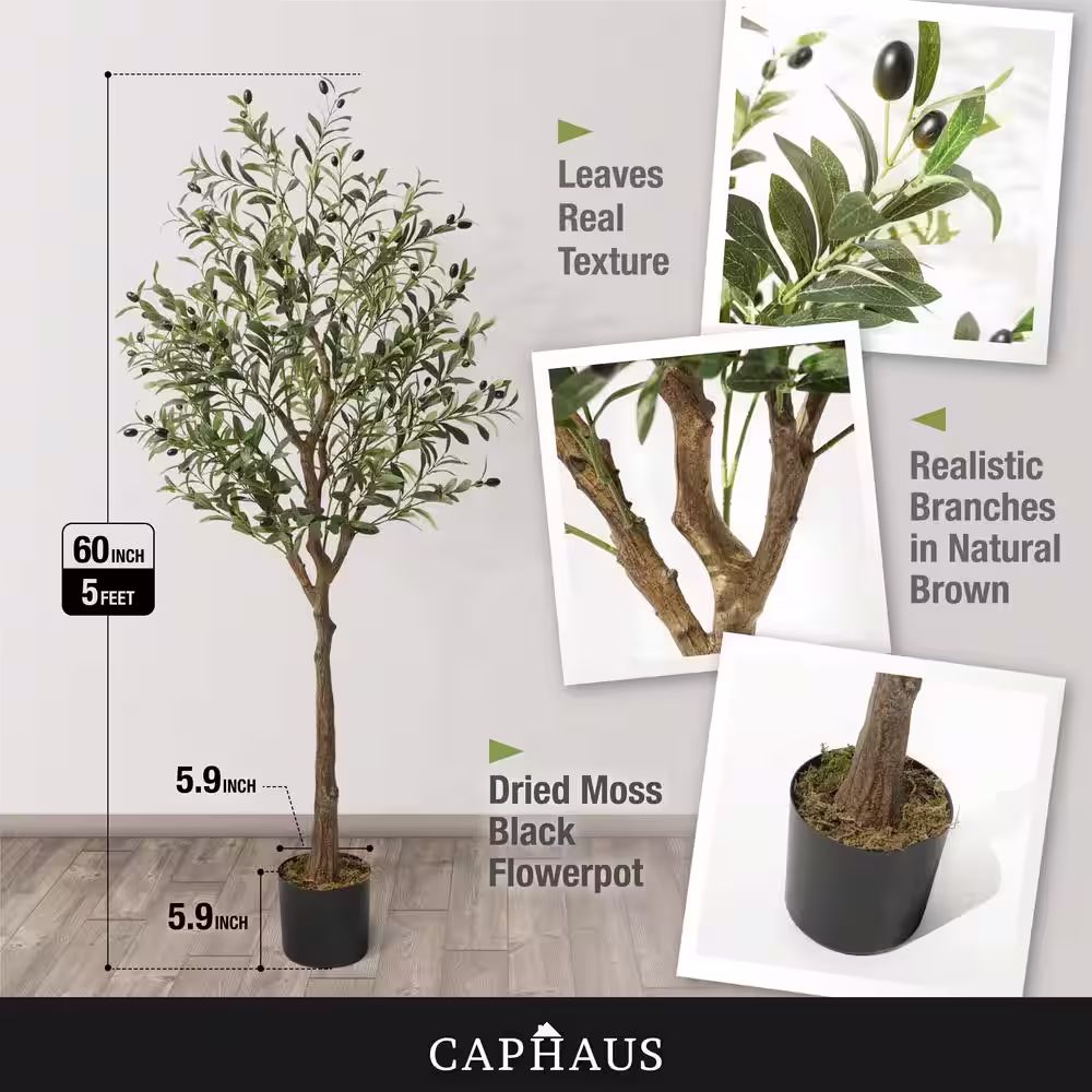 None 5 ft. Green Artificial Olive Tree, Faux Plant in Pot, Faux Olive Branch and Fruit with Dried Moss for Indoor Home Office