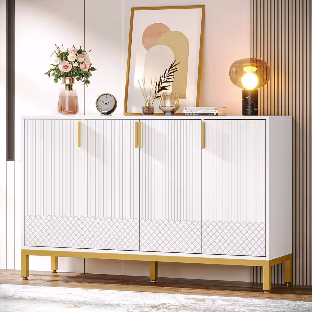 None Modern White Particle Board 59 in. Kitchen Sideboard With Storage Cabinet for Living Room Kitchen Dining Room