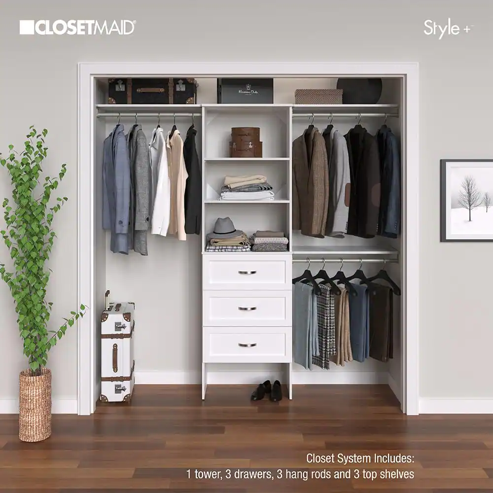 ClosetMaid Style+ 73.1 in W - 121.1 in W White Basic Plus Floor Mount Wood Closet System KitWith Top Shelves and Shaker Drawers