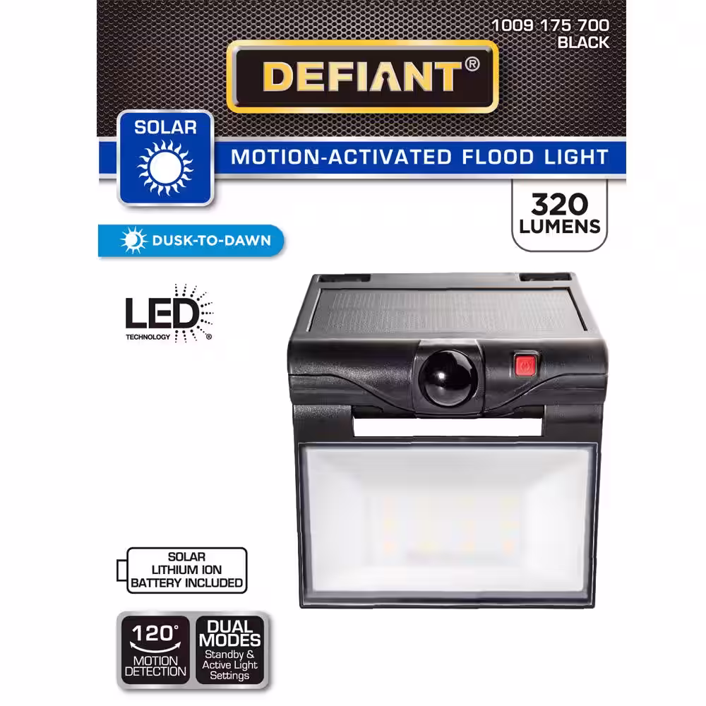 Defiant 120-Degree Black Motion Activated Solar Powered Outdoor 1-Head LED Security Flood Light 320 Lumens