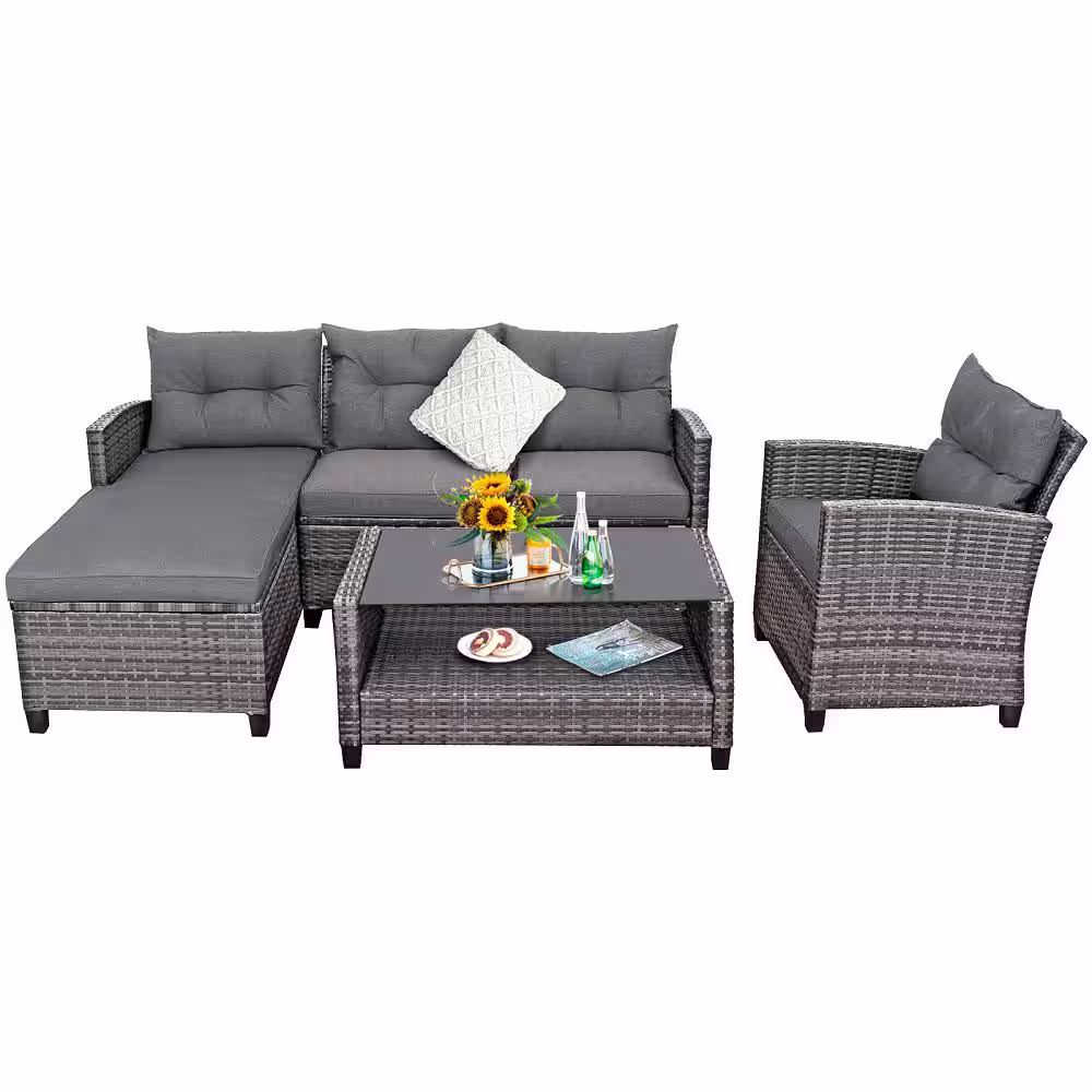HONEY JOY 4-Piece Wicker Patio Furniture Set Outdoor Rattan Sofa Loveseat Set with Gray Cushions