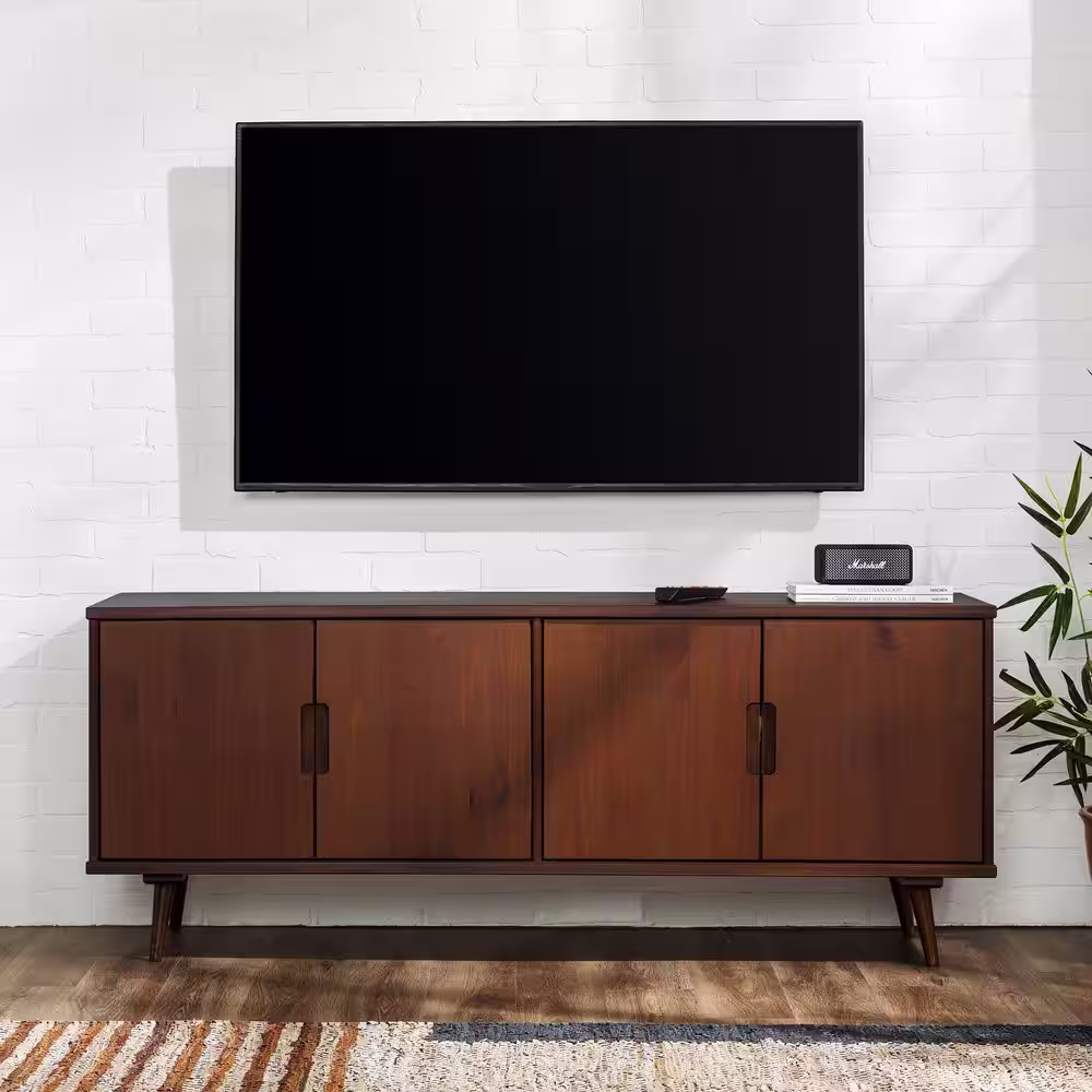 Welwick Designs 60 in. Walnut Solid Wood Mid-Century Modern TV Stand with 4-Doors Fits TVs up to 65 in.