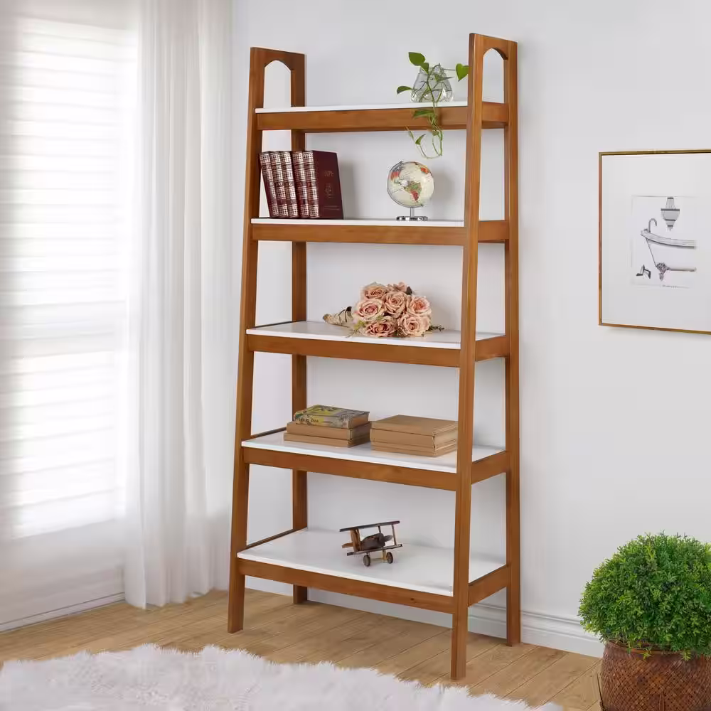 Camaflexi Mid Century Modern 74 in. White / Castanho Wood 5-Shelf Open Bookcase with Solid Wood Frame