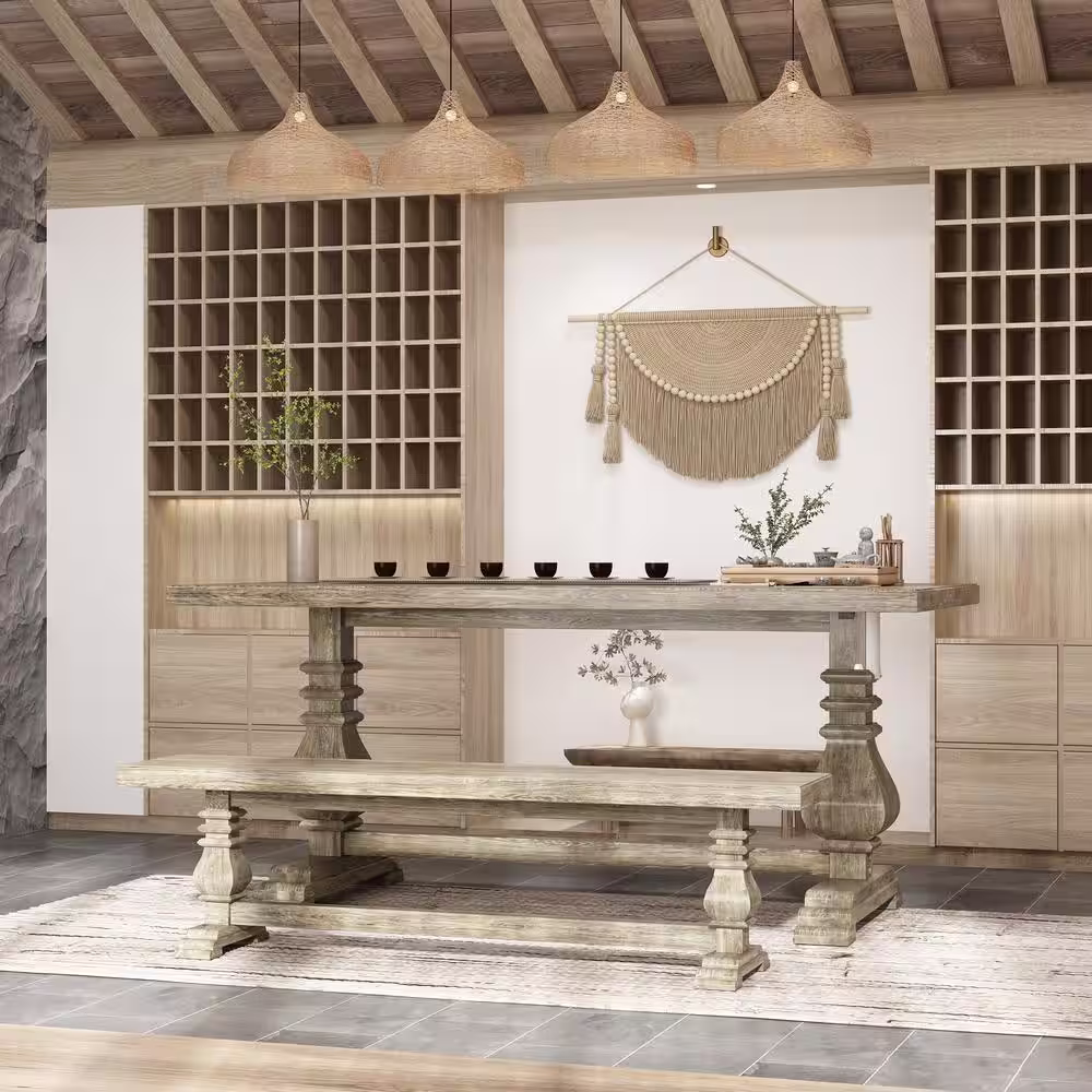 None 69.7 in. W Gray Oak Wood Double Pedestal Dining Set With Bench