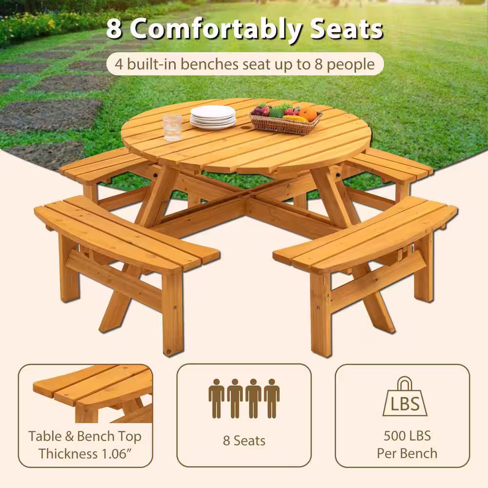 None 43.3 in. Brown Round Circular Solid Wood Picnic Table Seats 8-People with Umbrella Hole