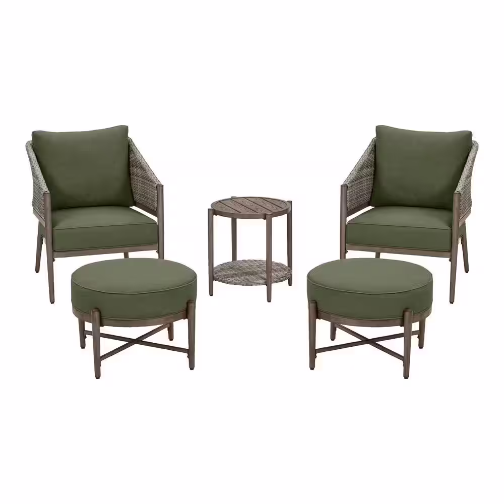 Hampton Bay Autumn Chase Powder Coating Stationary 5-Piece Wicker Patio Conversation Set with Olive Green Cushions