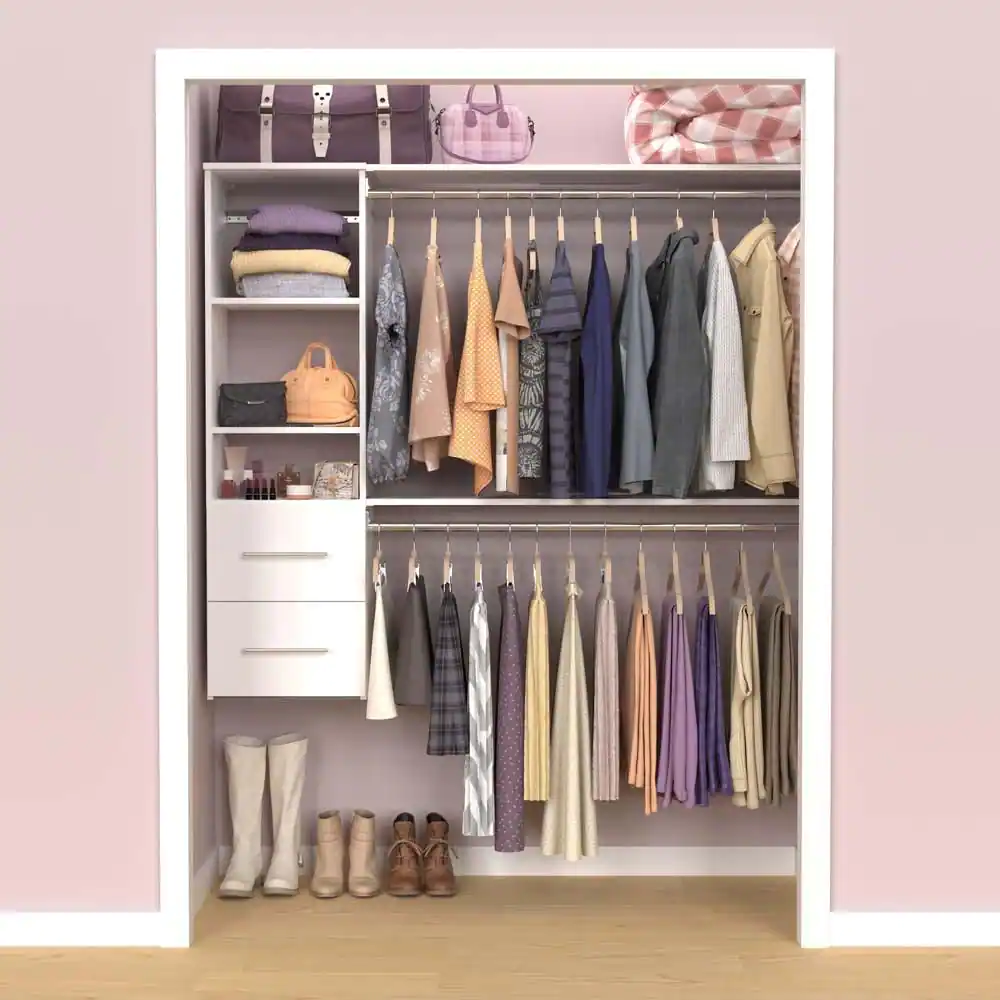 ClosetMaid Style+ 46.97 in. W - 112.97 in. W White Hanging Wood Closet System with Top Shelves and Modern Drawers