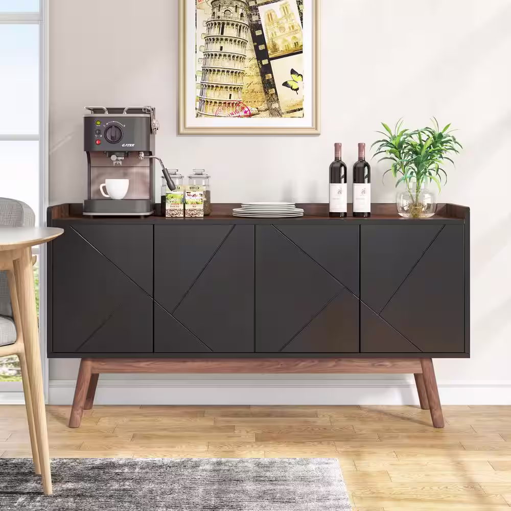 None Ahlivia Black Wood 55 in. W Buffet Cabinet Sideboards with 2-Door and Open Tabletop Storage