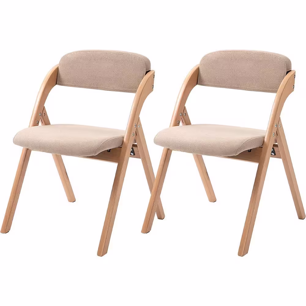 None Folding Wooden Stackable Dining Chairs with Khaki Padded Seats (Set of 2)