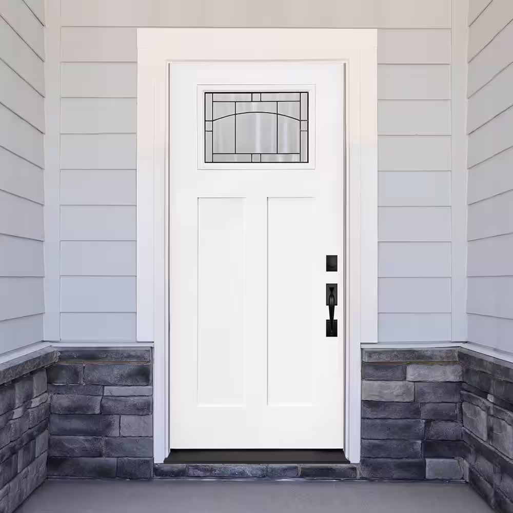 Steves & Sons Promo Legacy 36 in. x 80 in. Top Lite Left-Hand Inswing Deco Glass White Primed Fiberglass Prehung Front Door W/BM