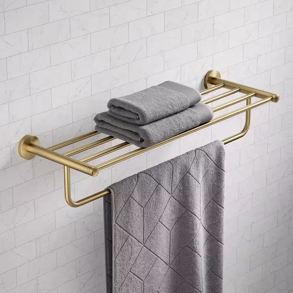 KRAUS Elie Bathroom Shelf Towel Rack with Towel Bar in Brushed Gold