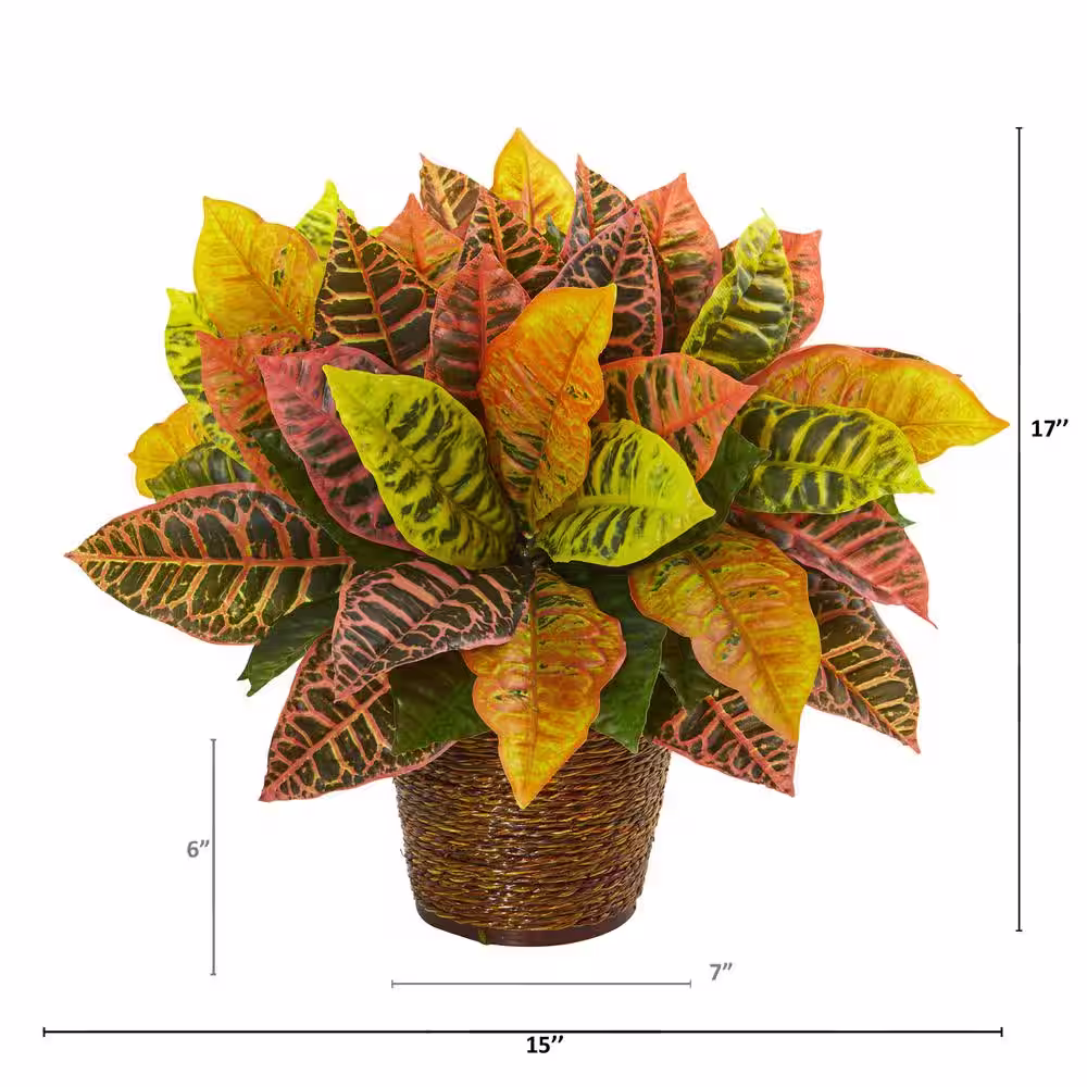 Nearly Natural 17 in. Garden Croton Artificial Plant in Basket (Real Touch)