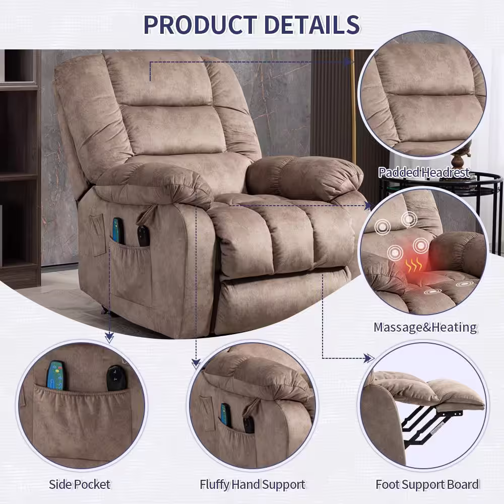 aisword Iconic Massive Chenille Brown Recliners Lift Sofa Chair (Up to 340lbs) with Massage,Heating and Assisted Standing