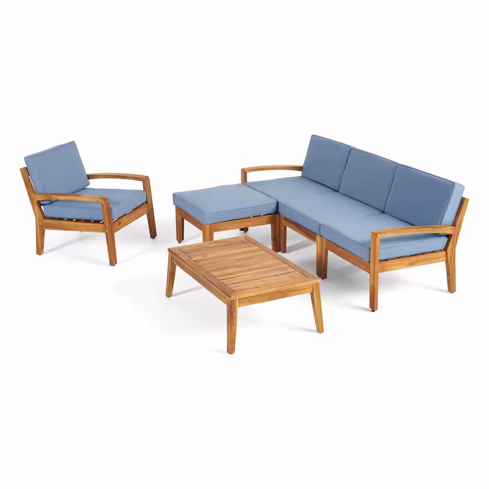 Noble House Grenada Teak Brown 6-Piece Wood Patio Conversation Sectional Seating Set with Blue Cushions