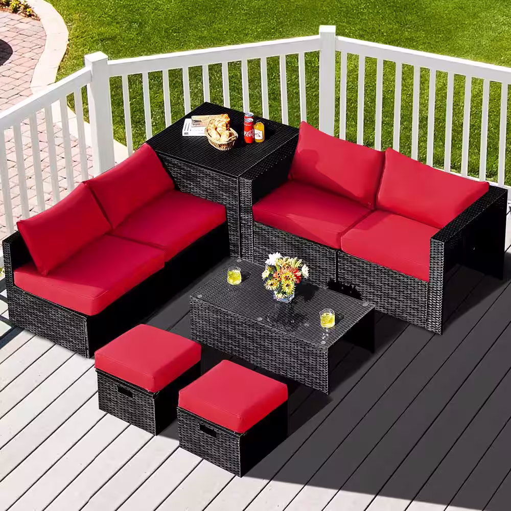 Costway 8-Piece Wicker Patio Conversation Set Storage Table Ottoman with Red Cushions