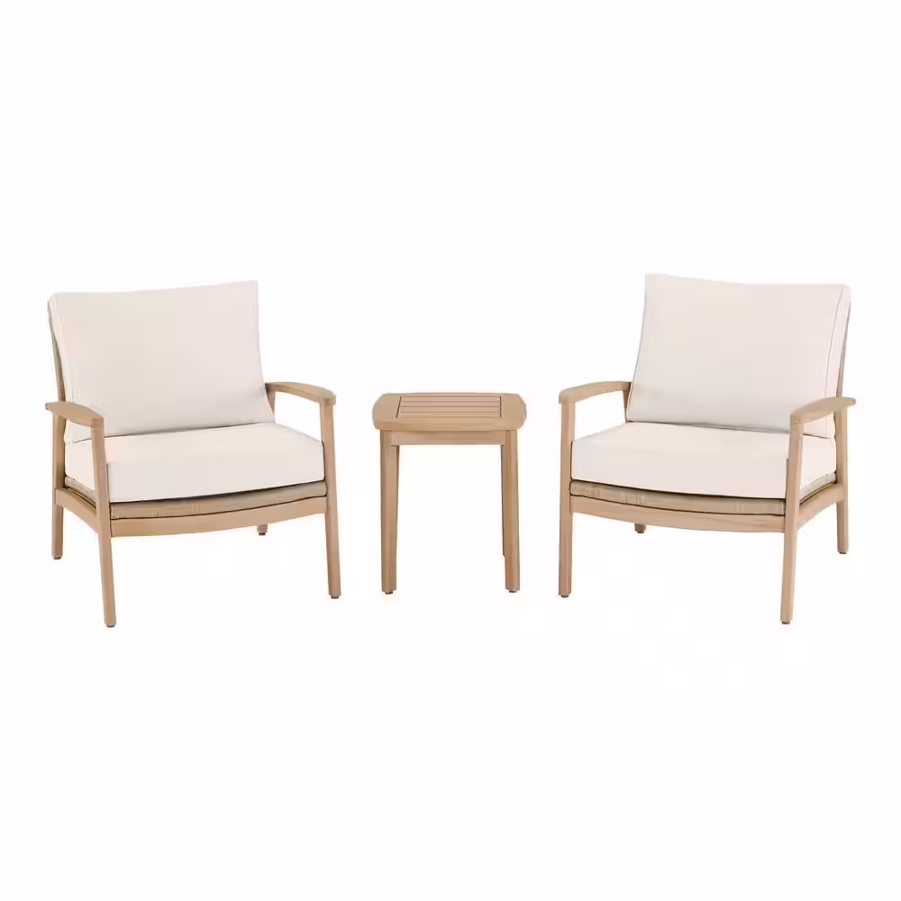 Hampton Bay Laurelwood 3-Piece Eucalyptus Conversation Set with CushionGuard Almond Tan Cushions
