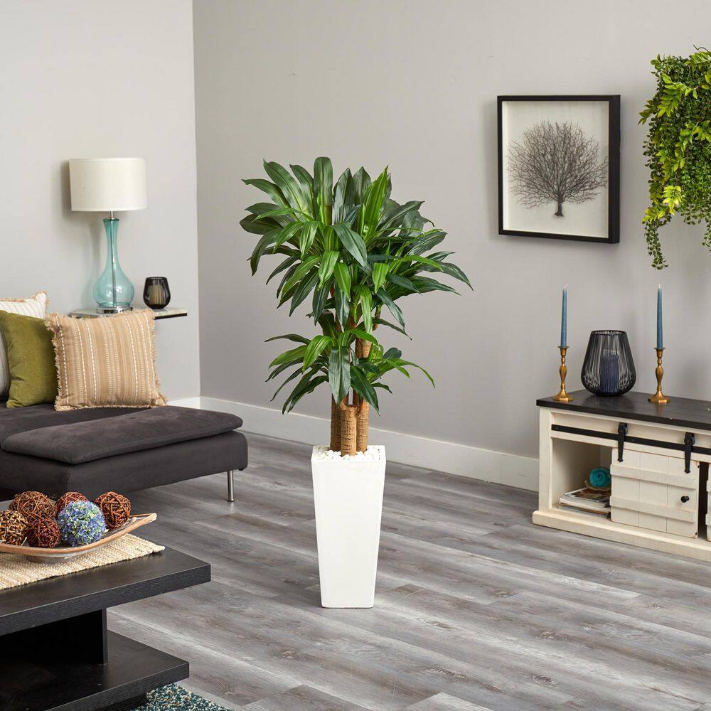 Nearly Natural 5 ft. Cornstalk Dracaena Artificial Plant in White Tower Planter