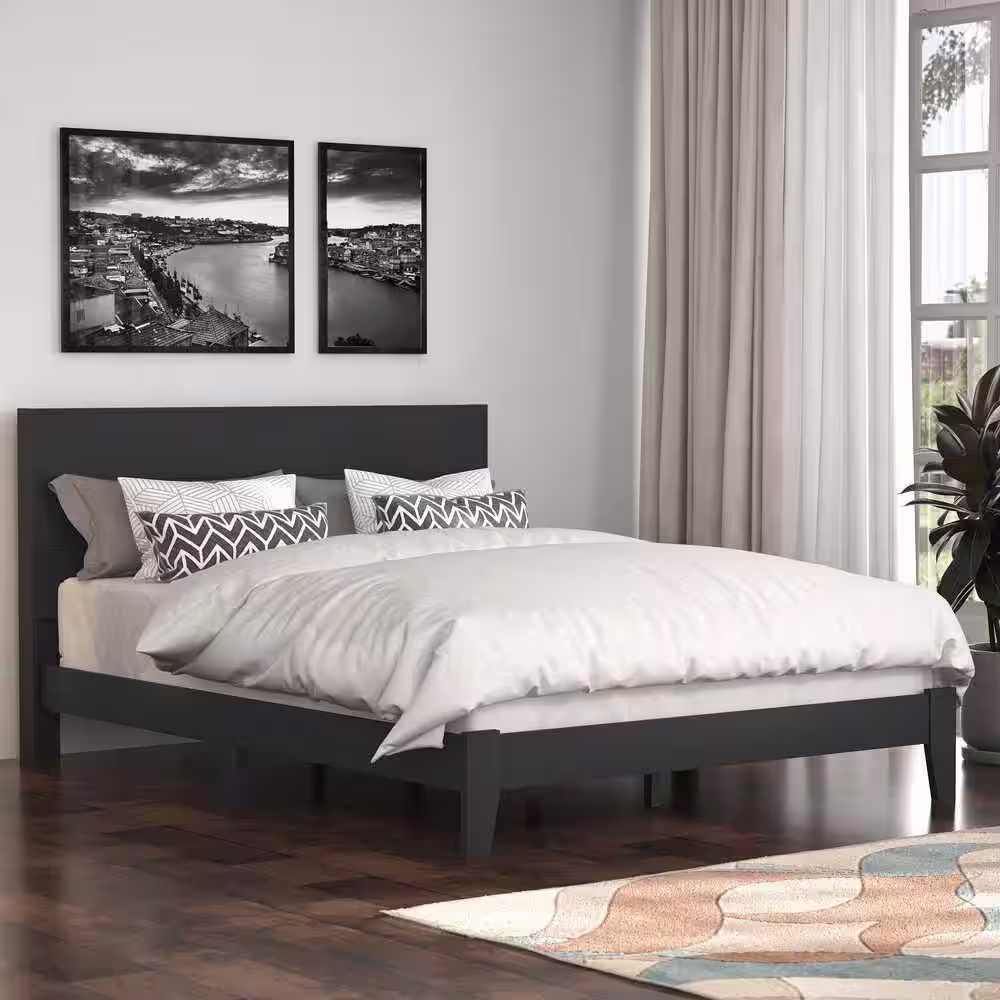 GALANO Layton Black Wood Frame Queen Platform Bed with Headboard (84.0 in. x 64.2 in. x 40.2 in.)