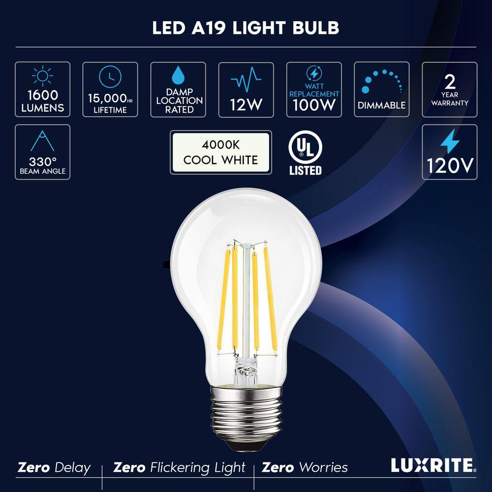 None 100-Watt Equivalent A19 1600 Lumens Dimmable E26 Edison LED Light Bulb 12-Watt Damp Rated UL 4000K Cool White (2-Pack)