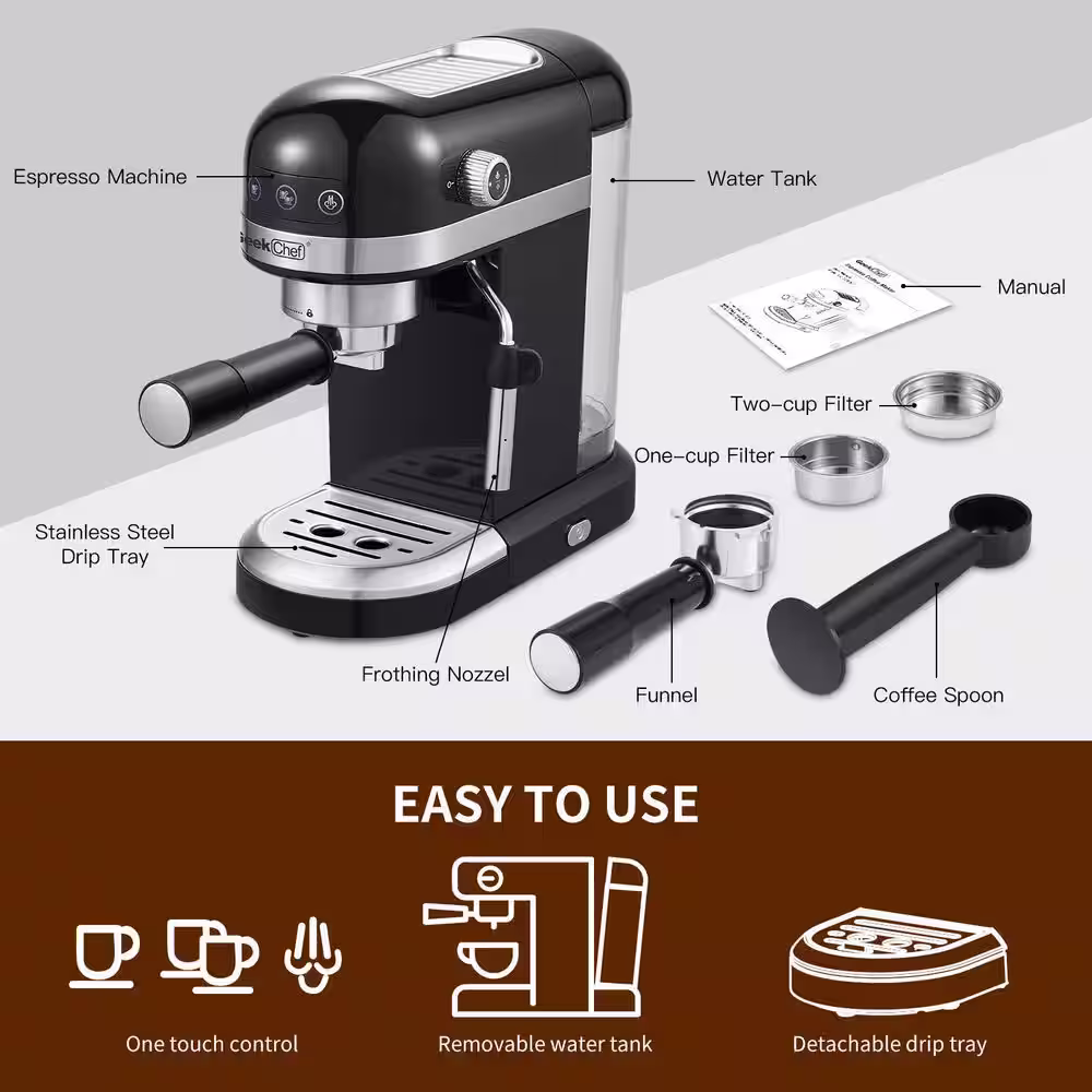 None 2- Cup Black Stainless Steel Espresso Machine with 1.4L detachable Transparent Water Tank