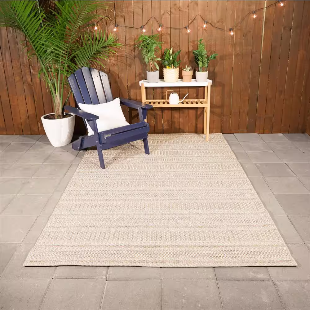 Hampton Bay Natural Cream 8 ft. x 10 ft. Striped Indoor/Outdoor Patio Area Rug