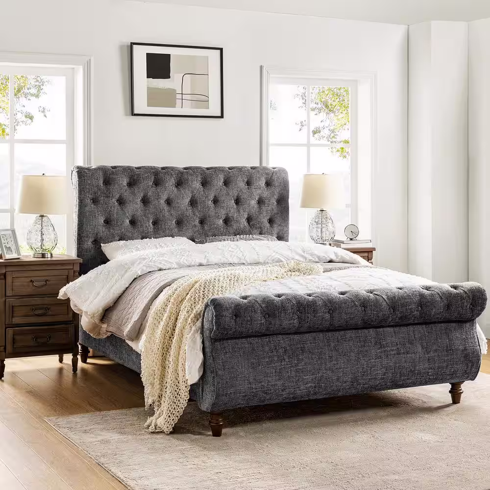 JAYDEN CREATION Elaine Smoke Upholstered Traditional Lighted Sleigh Queen Platform Bed with Sturdy Frame and Headboard-Gray Family
