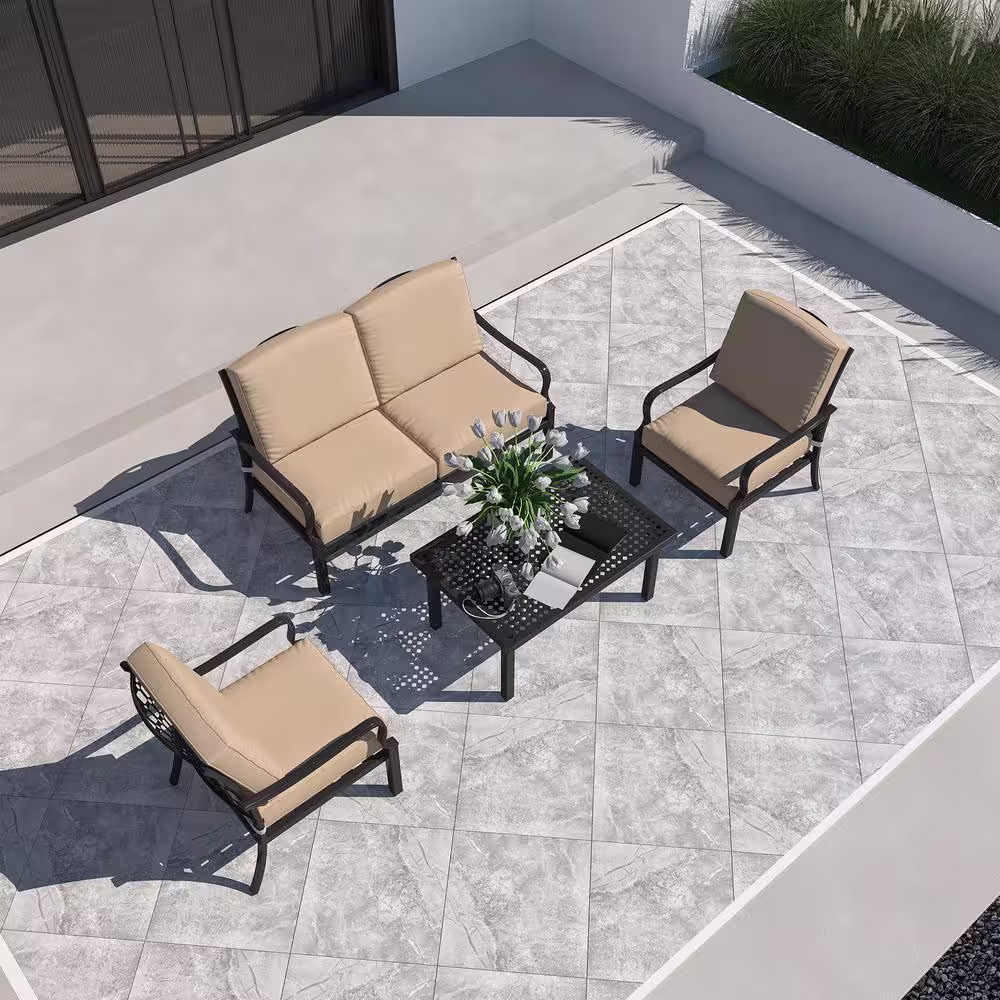 CASAINC 4-Piece Metal Patio Conversation Deep Seating Set with 5.9 inch Olefein Beige Cushions