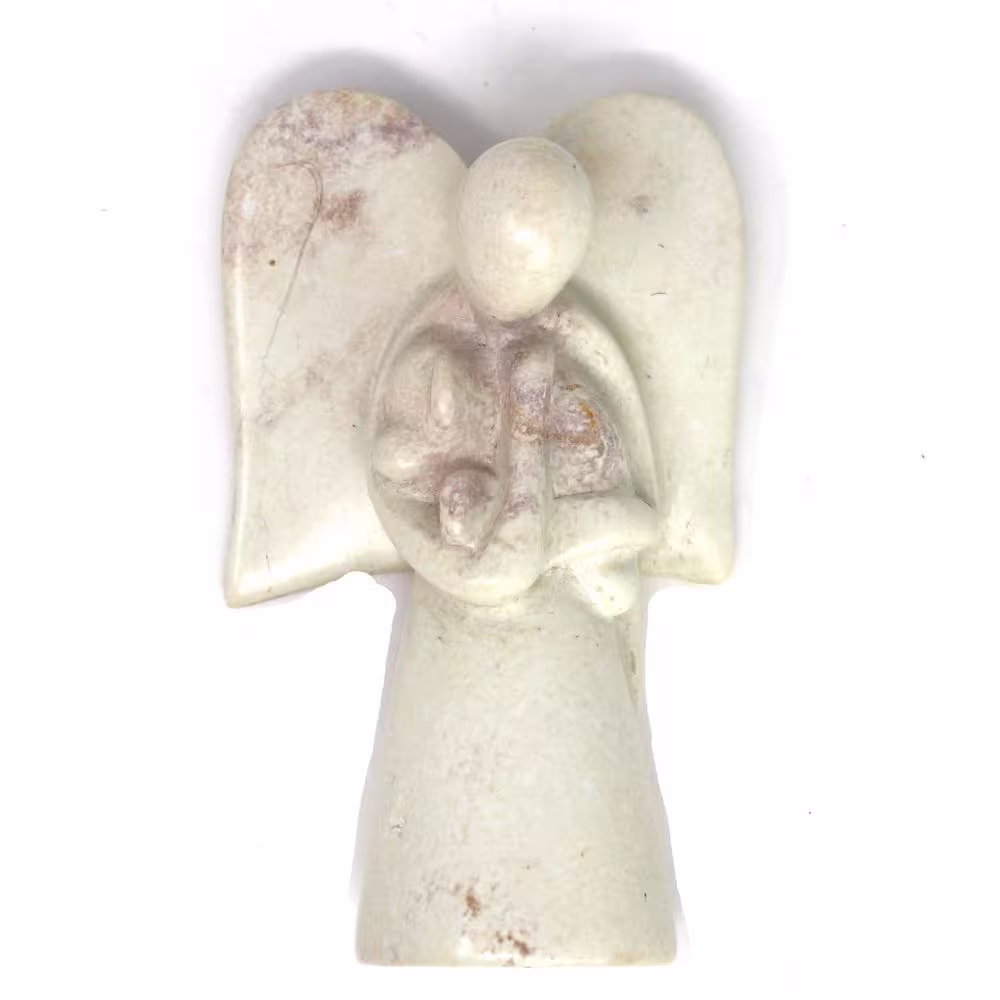 None Angel Holding Dog Soapstone Sculpture in Cream, Natural Stone