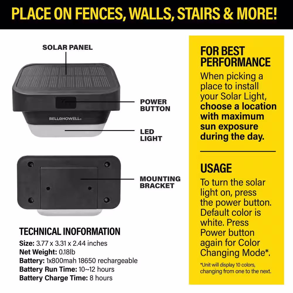 Bell + Howell Solar Powered Fence Lights 0.5-Watt Equivalent Integrated LED Black Outdoor Path Light Wall Pack Light (8-Pack)